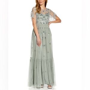 ‼️RARE‼️🎸Adrianna Papell🎸🔥NWT🔥Beaded Mesh Boho Gown in Frosted Sage—2